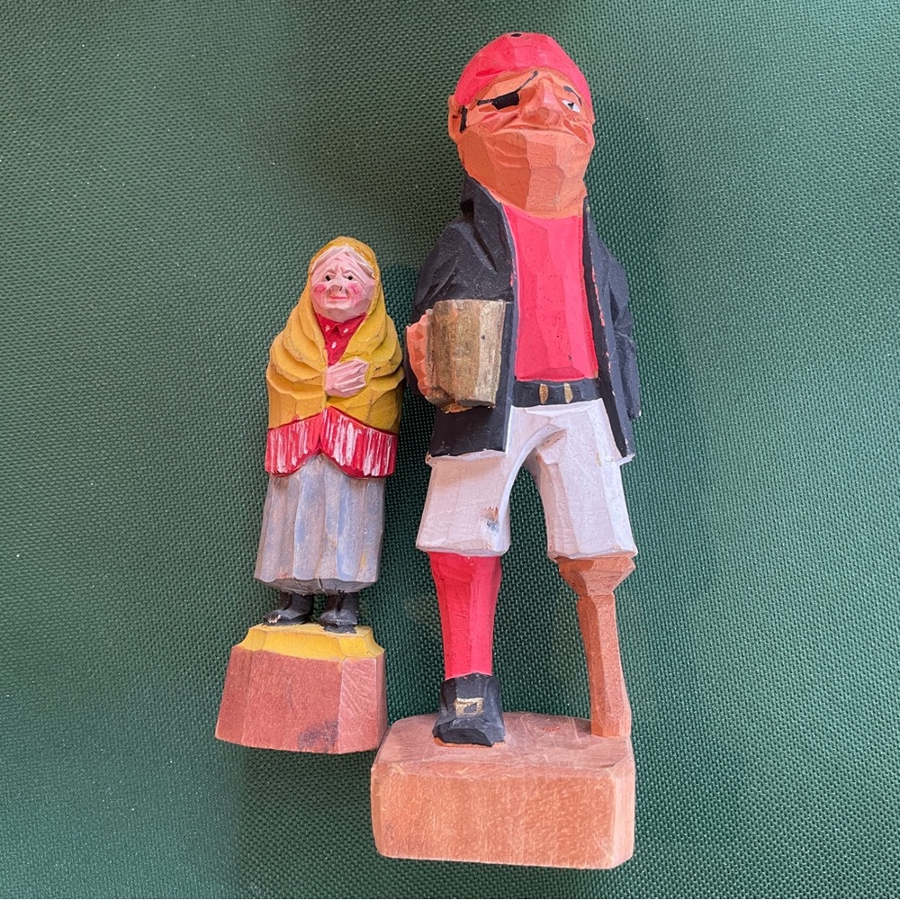 Vintage Handcrafted Wooden Figurines - Pirate and ElderlyWoman in Red and Yellow
